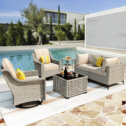 Ensemble de conversation XIZZI 6 pièces en osier avec chaise pivotante