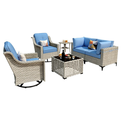 Ensemble de conversation XIZZI 6 pièces en osier avec chaise pivotante