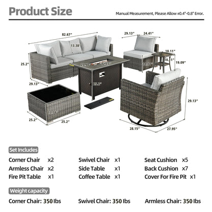 Ensemble de 8 chaises pivotantes en osier pour patio extérieur XIZZI avec table et foyer