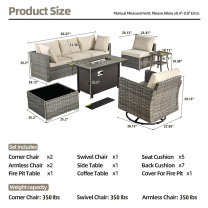 Ensemble de 8 chaises pivotantes en osier pour patio extérieur XIZZI avec table et foyer