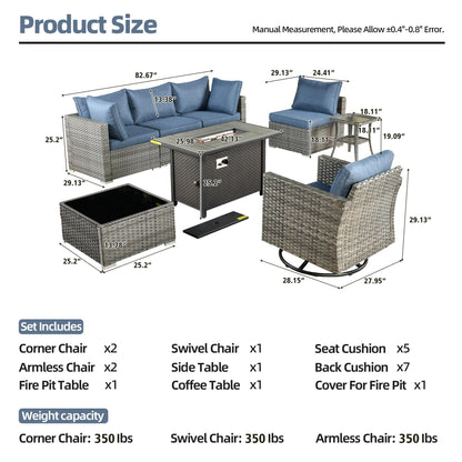Ensemble de 8 chaises pivotantes en osier pour patio extérieur XIZZI avec table et foyer
