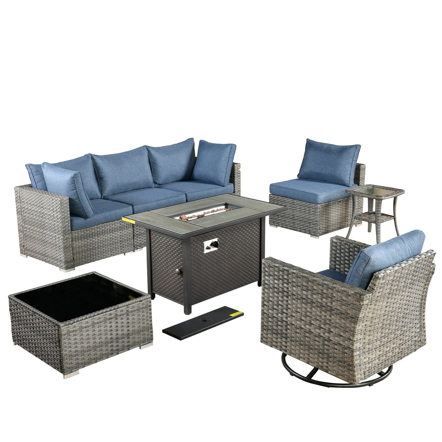 Ensemble de 8 chaises pivotantes en osier pour patio extérieur XIZZI avec table et foyer