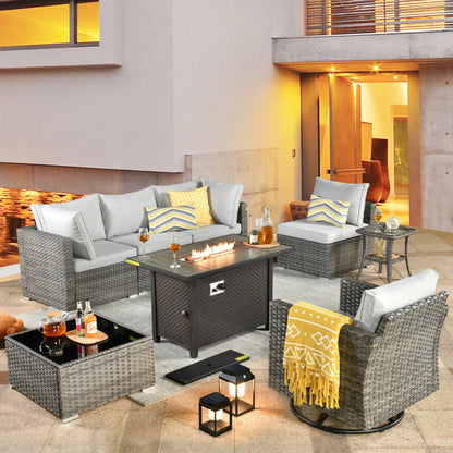 Ensemble de 8 chaises pivotantes en osier pour patio extérieur XIZZI avec table et foyer