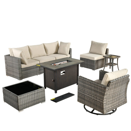 Ensemble de 8 chaises pivotantes en osier pour patio extérieur XIZZI avec table et foyer