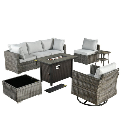 Ensemble de 8 chaises pivotantes en osier pour patio extérieur XIZZI avec table et foyer