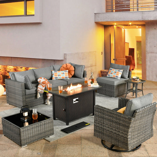 Ensemble de 8 chaises pivotantes en osier pour patio extérieur XIZZI avec table et foyer