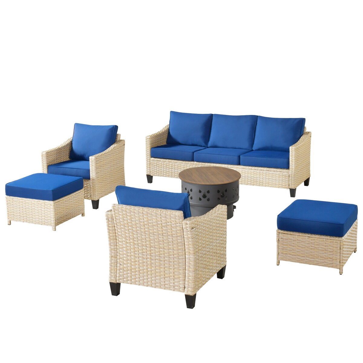 Meubles de patio en osier XIZZI 6 pièces avec foyer à bois