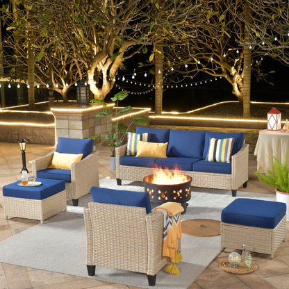Meubles de patio en osier XIZZI 6 pièces avec foyer à bois