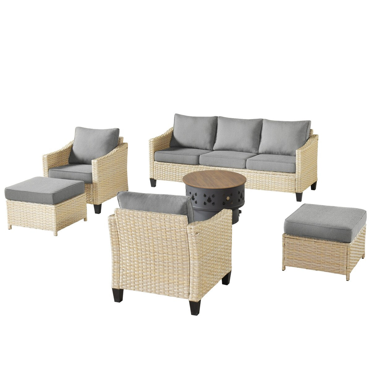 Meubles de patio en osier XIZZI 6 pièces avec foyer à bois