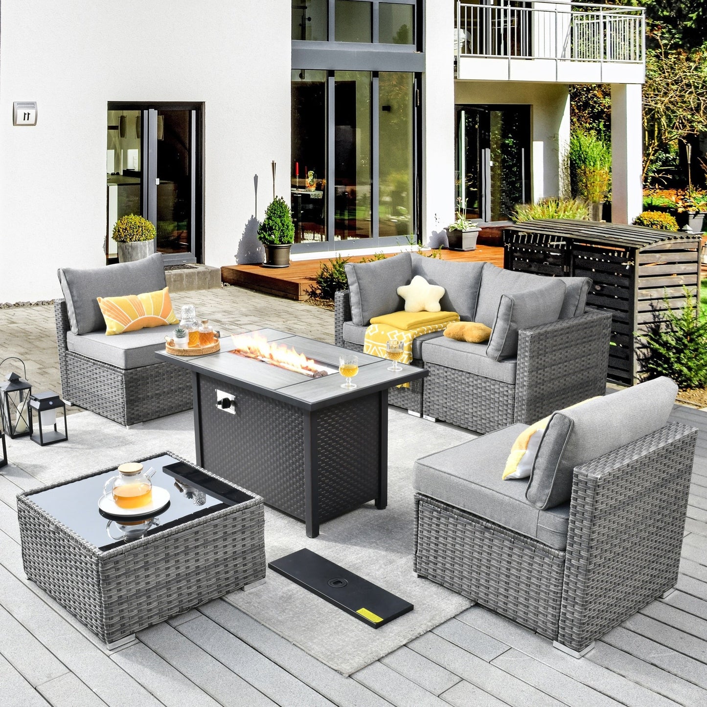 Ensemble de meubles de patio XIZZI 6 pièces, canapé d'extérieur en rotin avec foyer