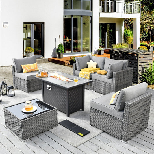 Ensemble de meubles de patio XIZZI 6 pièces, canapé d'extérieur en rotin avec foyer
