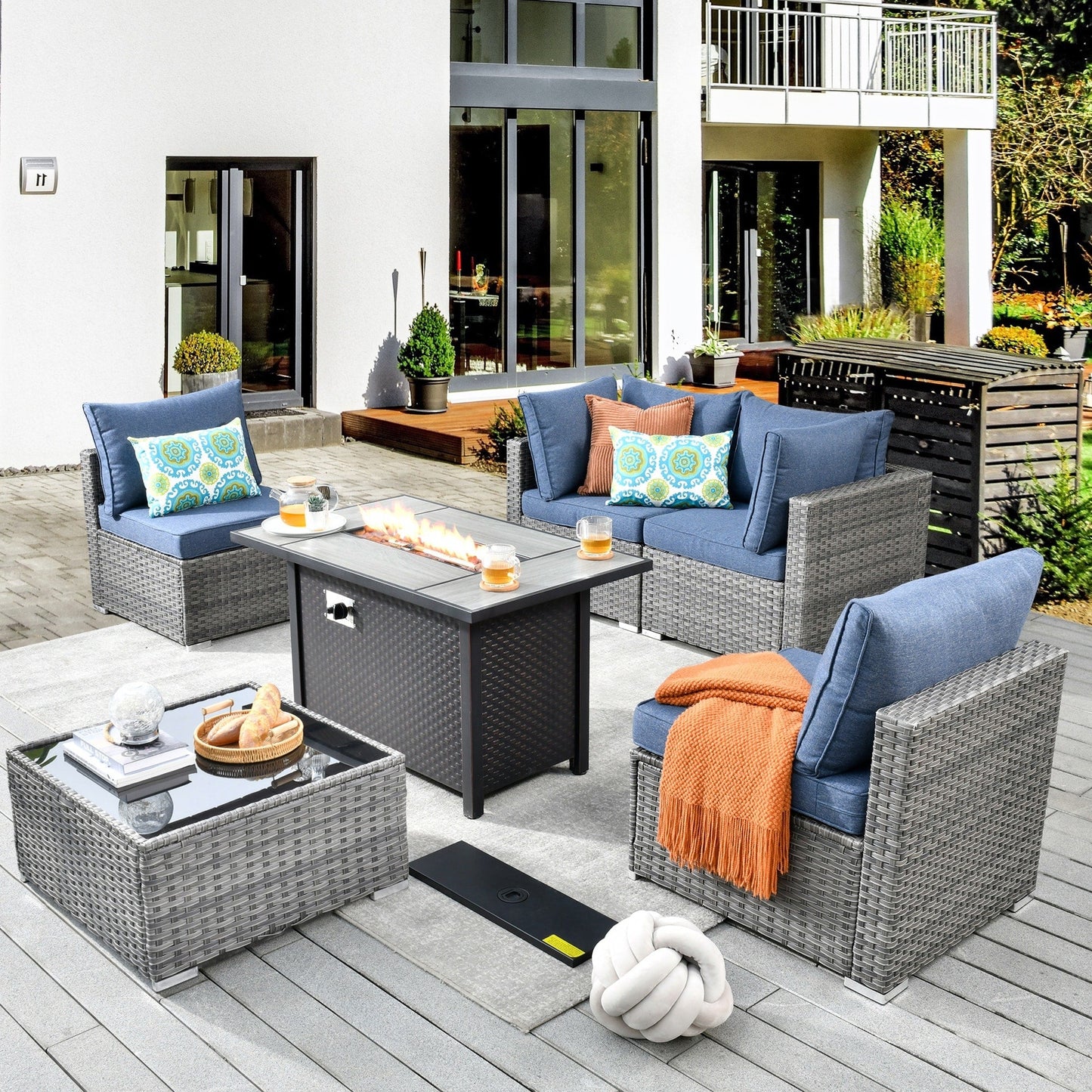 Ensemble de meubles de patio XIZZI 6 pièces, canapé d'extérieur en rotin avec foyer