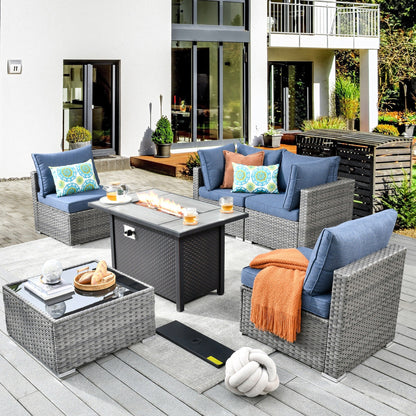 Ensemble de meubles de patio XIZZI 6 pièces, canapé d'extérieur en rotin avec foyer