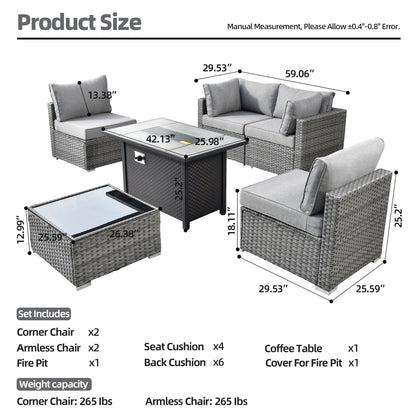 Ensemble de meubles de patio XIZZI 6 pièces, canapé d'extérieur en rotin avec foyer