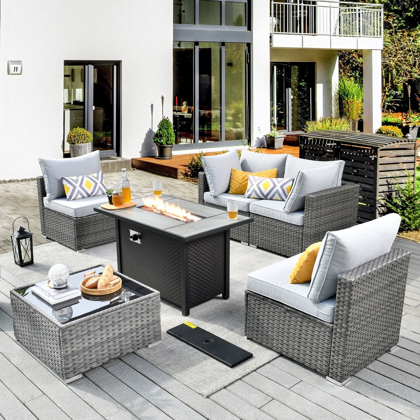 Ensemble de meubles de patio XIZZI 6 pièces, canapé d'extérieur en rotin avec foyer