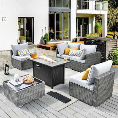 Ensemble de meubles de patio XIZZI 6 pièces, canapé d'extérieur en rotin avec foyer