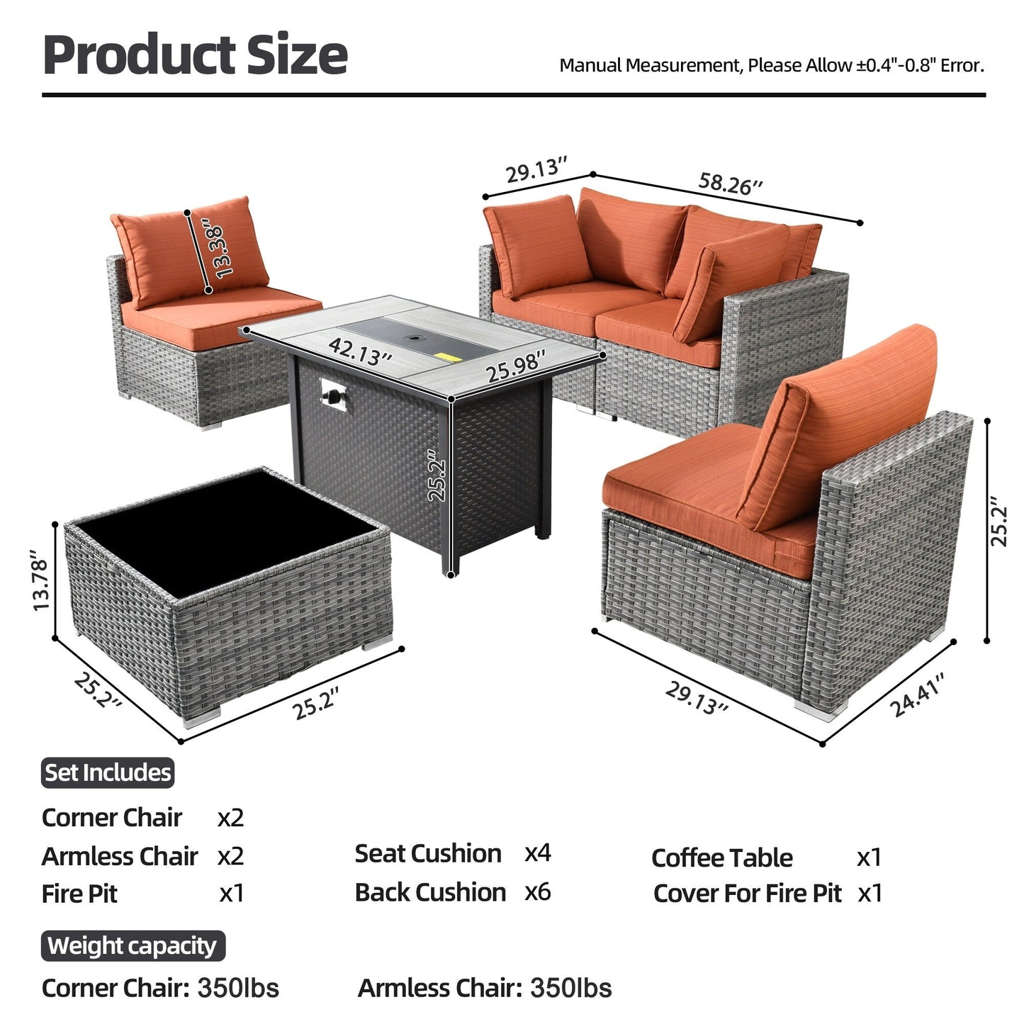 Ensemble de meubles de patio XIZZI 6 pièces, canapé d'extérieur en rotin avec foyer