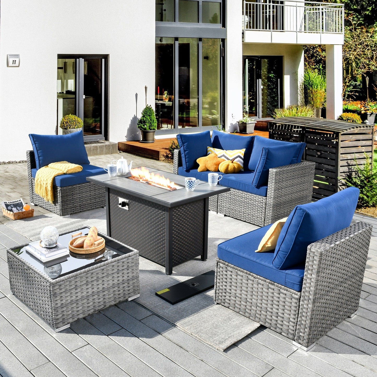 Ensemble de meubles de patio XIZZI 6 pièces, canapé d'extérieur en rotin avec foyer