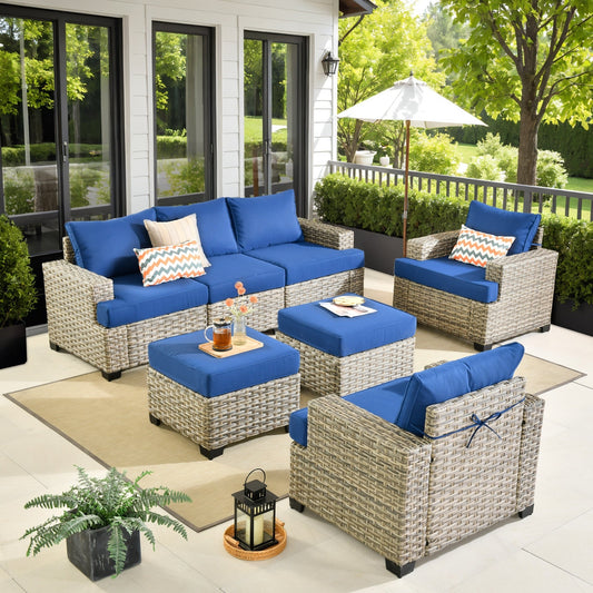 Ensemble de canapés de patio XIZZI 7 pièces avec accoudoirs larges et poufs