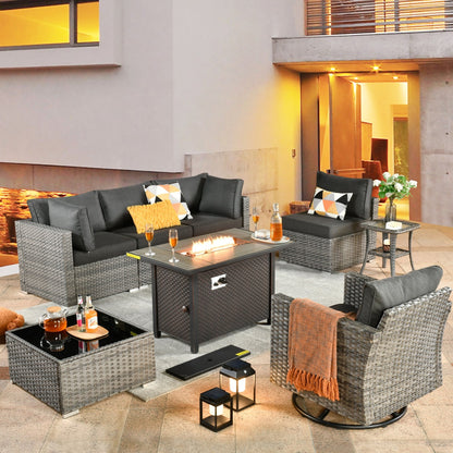 Ensemble de 8 chaises pivotantes en osier pour patio extérieur XIZZI avec table et foyer