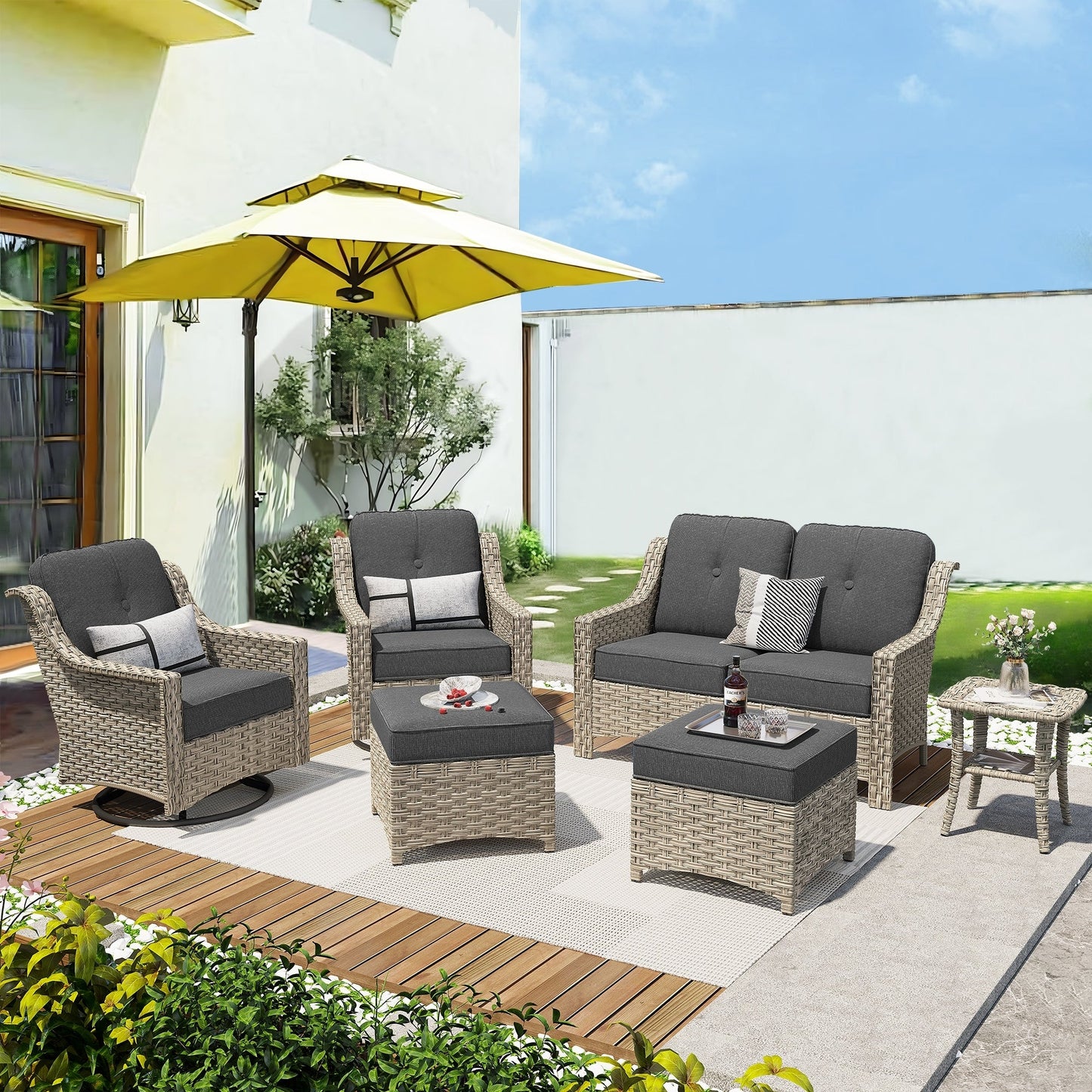 Ensemble de 6 meubles d'extérieur à dossier haut XIZZI avec chaise pivotante