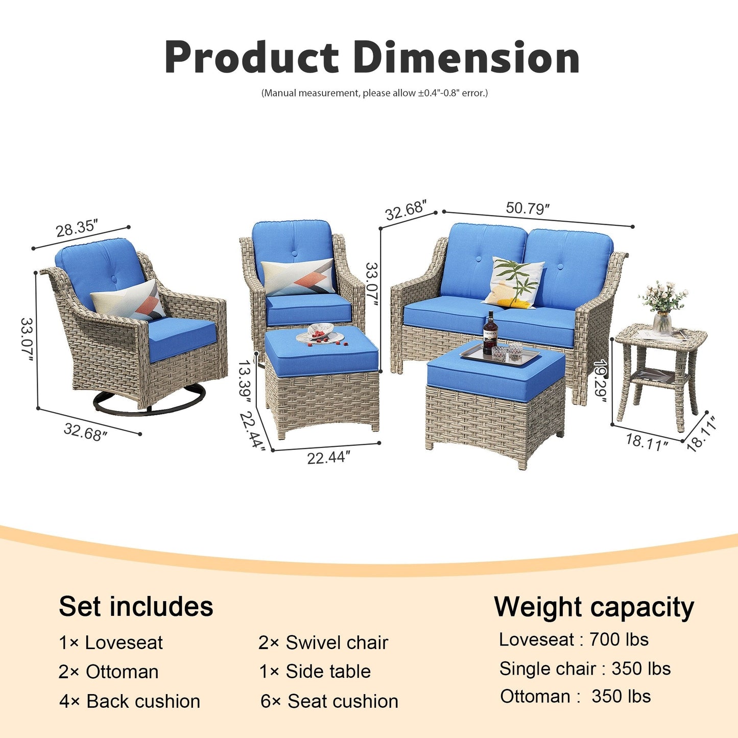 Ensemble de 6 meubles d'extérieur à dossier haut XIZZI avec chaise pivotante