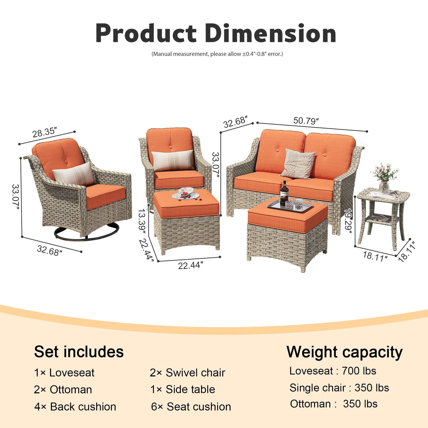 Ensemble de 6 meubles d'extérieur à dossier haut XIZZI avec chaise pivotante