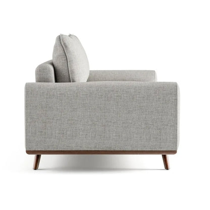 Canapé Yaana avec coussins en plumes mélangées, bois brun foncé, gris, 210 cm