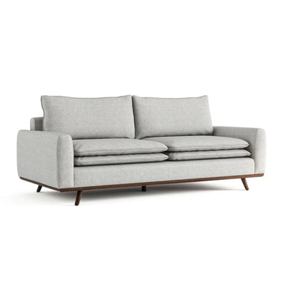Canapé Yaana avec coussins en plumes mélangées, bois brun foncé, gris, 210 cm