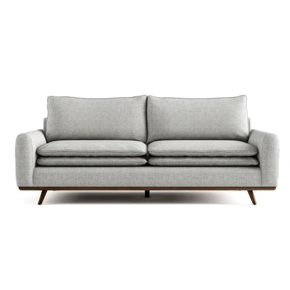 Canapé Yaana avec coussins en plumes mélangées, bois brun foncé, gris, 210 cm