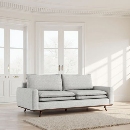Canapé Yaana avec coussins en plumes mélangées, bois brun foncé, gris, 210 cm