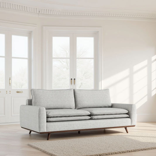 Canapé Yaana avec coussins en plumes mélangées, bois brun foncé, gris, 210 cm