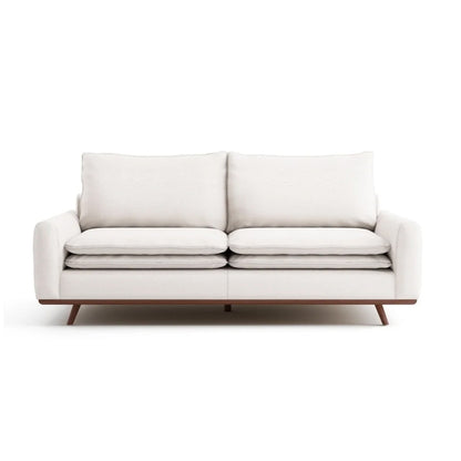 Canapé Yaana avec coussins en plumes, bois brun foncé, blanc, 210 cm