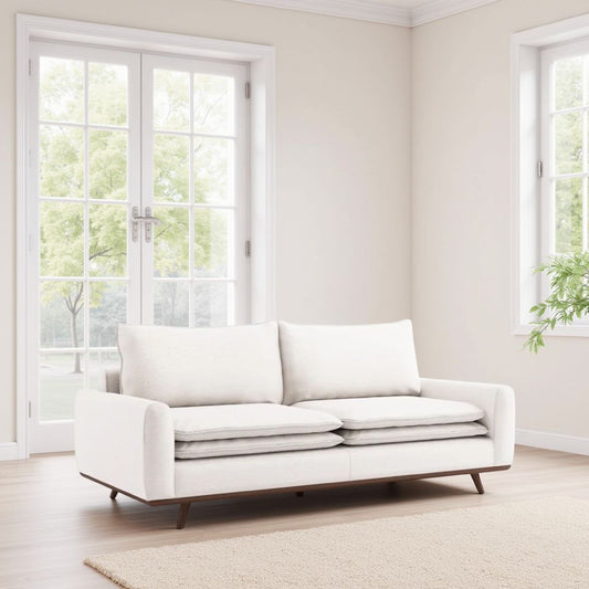Canapé Yaana avec coussins en plumes, bois brun foncé, blanc, 210 cm