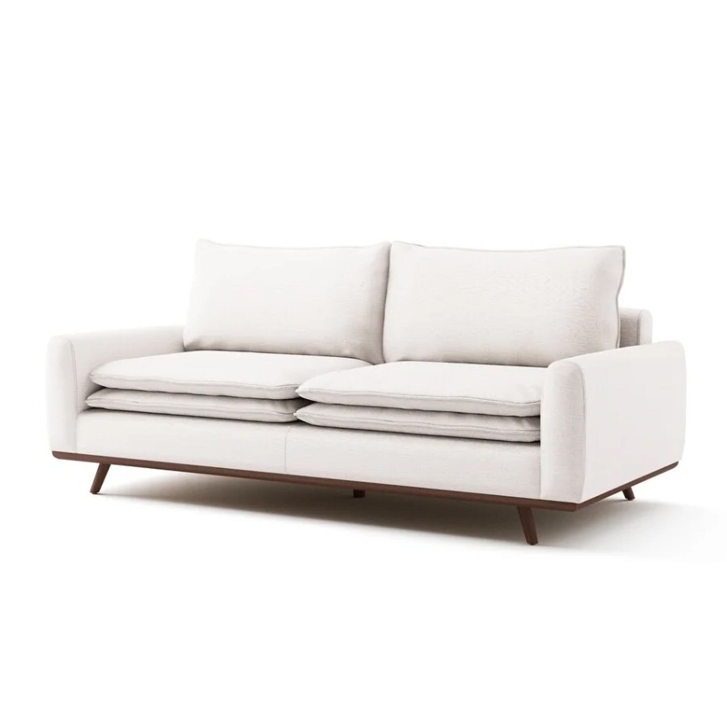 Canapé Yaana avec coussins en plumes, bois brun foncé, blanc, 210 cm