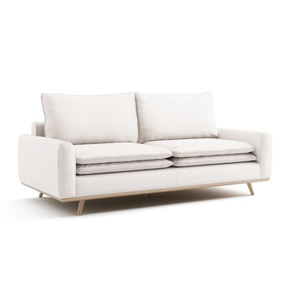Canapé Yaana avec coussins en plumes mélangées, chêne brun, blanc, 210 cm