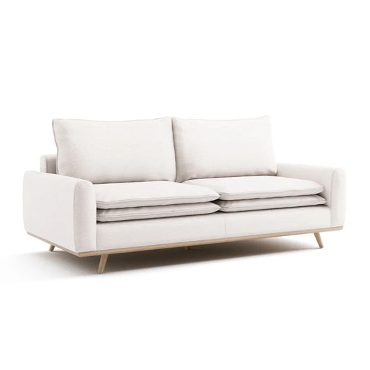 Canapé Yaana avec coussins en plumes mélangées, chêne brun, blanc, 210 cm