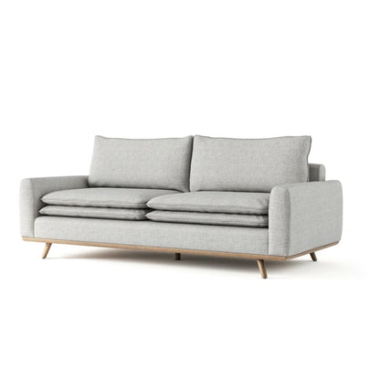 Canapé Yaana, coussin en plumes mélangées, bois de chêne brun, tissu gris, 210 cm