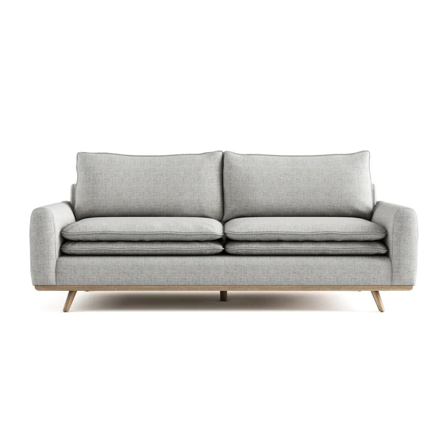 Canapé Yaana, coussin en plumes mélangées, bois de chêne brun, tissu gris, 210 cm