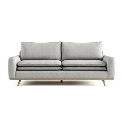 Canapé Yaana, coussin en plumes mélangées, bois de chêne brun, tissu gris, 210 cm