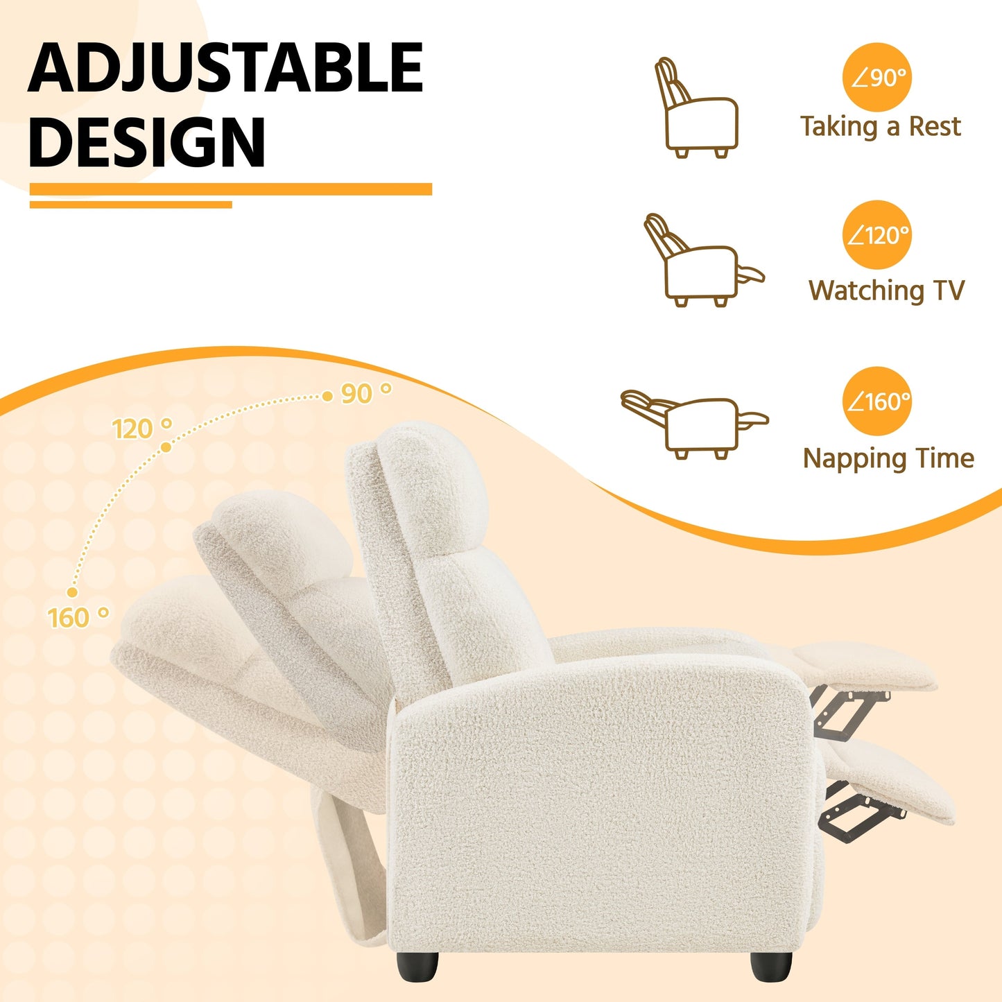 Canapé inclinable rembourré Yaheetech Boucle, fauteuil inclinable réglable, ivoire