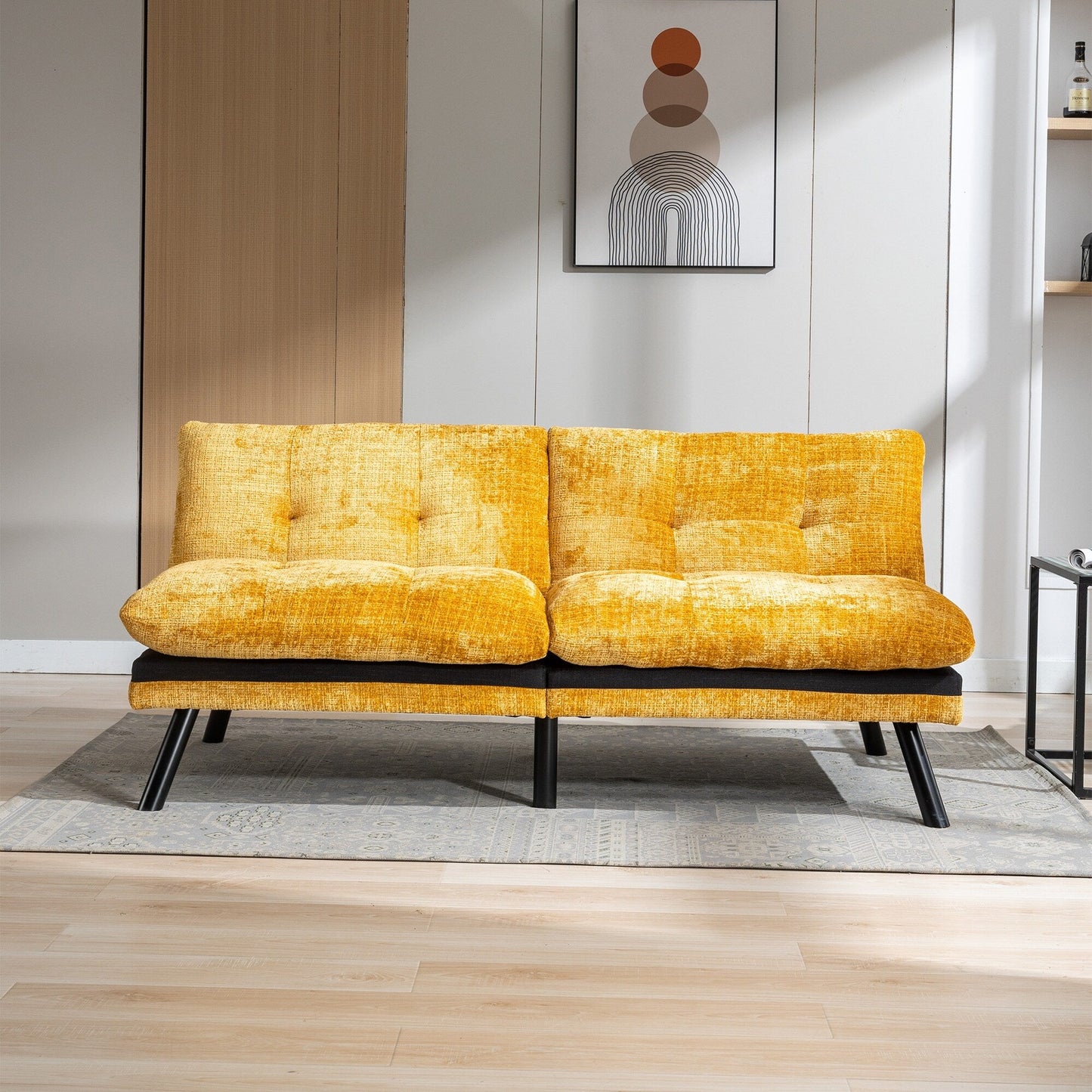 Canapé-lit futon convertible en chenille jaune 75,6 avec pieds en métal pour salon