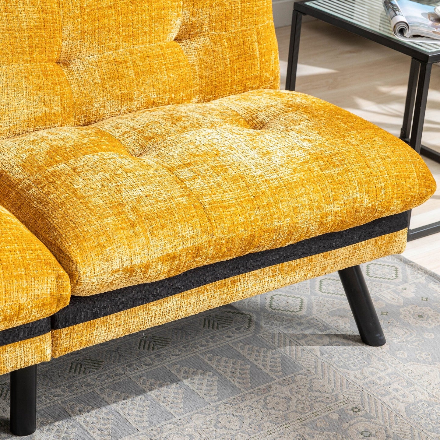 Canapé-lit futon convertible en chenille jaune 75,6 avec pieds en métal pour salon