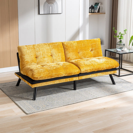 Canapé-lit futon convertible en chenille jaune 75,6 avec pieds en métal pour salon