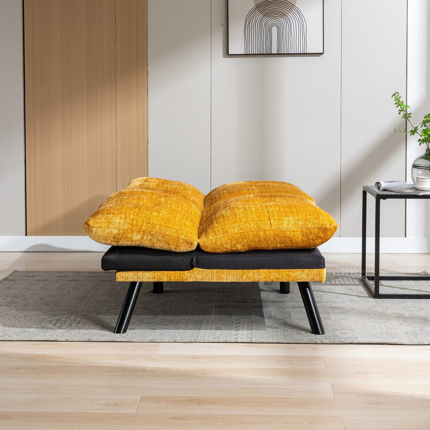 Canapé-lit futon convertible en chenille jaune 75,6 avec pieds en métal pour salon