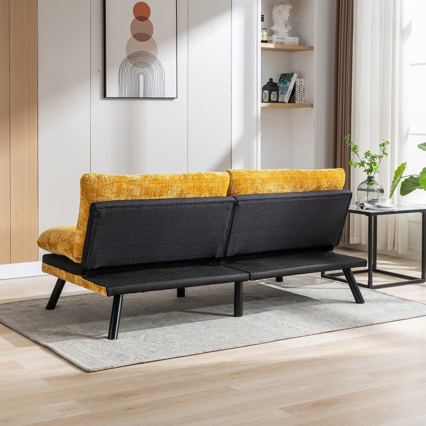 Canapé-lit futon convertible en chenille jaune 75,6 avec pieds en métal pour salon