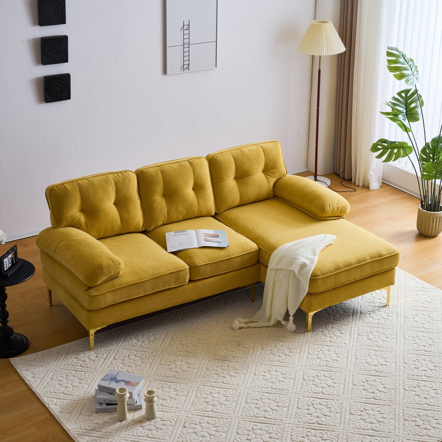 Canapé sectionnel 3 places en velours jaune de 83 pouces avec dossiers amovibles, accoudoirs et pieds en métal