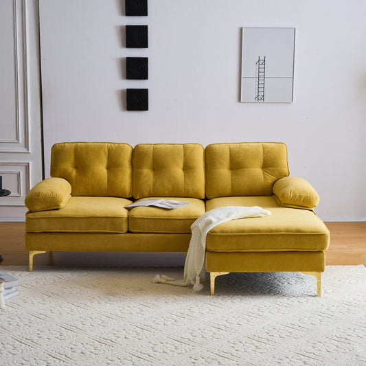 Canapé sectionnel 3 places en velours jaune 83 pouces, avec dossier et accoudoirs amovibles, coussins en mousse souple et pieds en métal