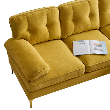 Canapé sectionnel 3 places en velours jaune 83 pouces, avec dossier et accoudoirs amovibles, coussins en mousse souple et pieds en métal