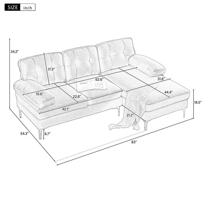 Canapé sectionnel 3 places en velours jaune 83 pouces, avec dossier et accoudoirs amovibles, coussins en mousse souple et pieds en métal